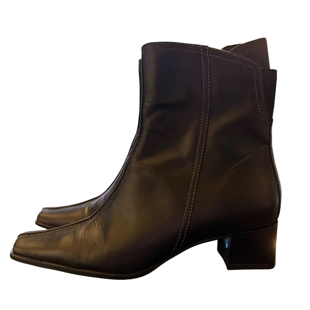 COSMO‎ Paris Black Leather Square Toe Block Heel Ankle Boots Womens Size 36